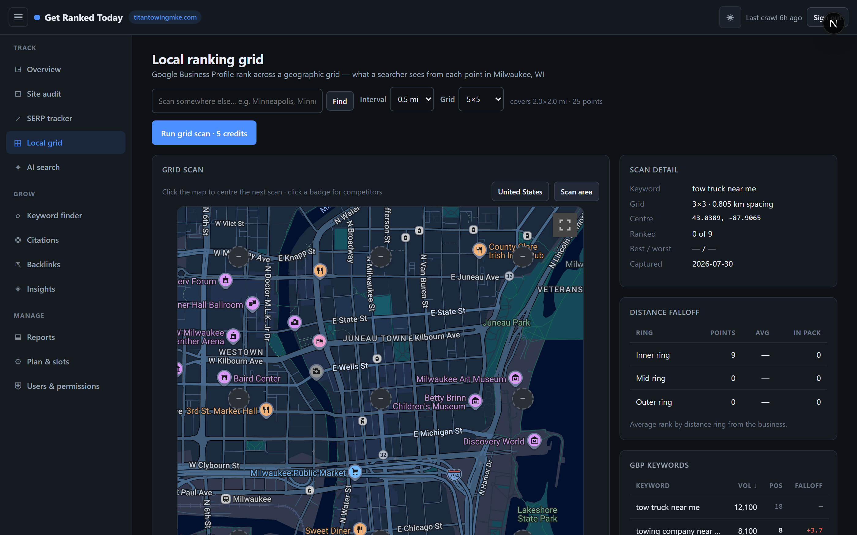 Local ranking grid: numbered rank badges across a Milwaukee city map with competitor panel